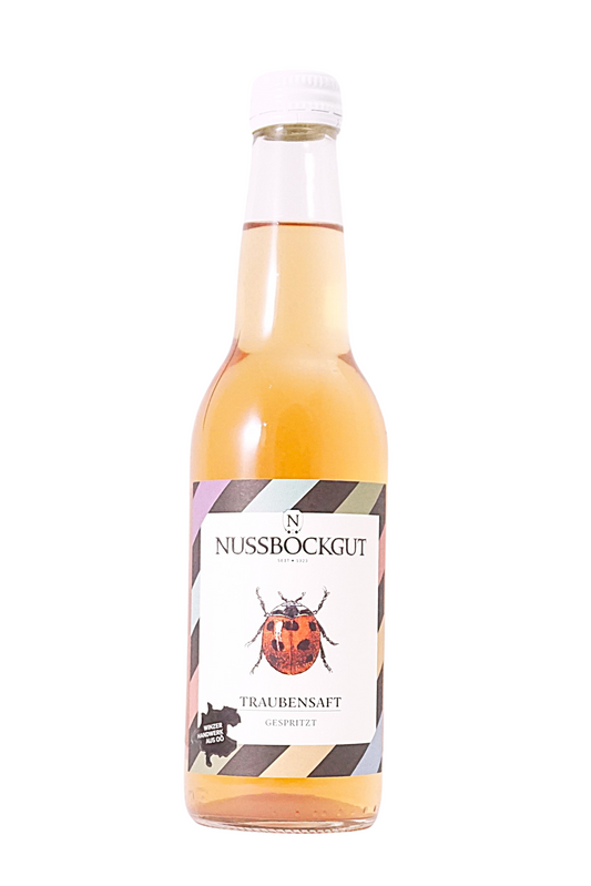 Es ist eine 0,2 l Traubensaftflasche dargestellt. Der Traubensaft ist gespritzt. Am Etikett befindet sich neben dem Nussböckgutlogo ein hübscher Marienkäfer, welcher uns bei der Arbeit im Weingarten stets Freude bereitet.