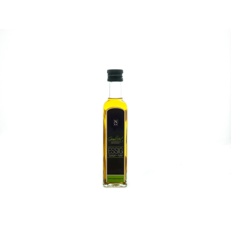 Es ist eine quadratische Essigflasche dargestellt. Das Etikett ziert unser Nussböckgutlogo und der Grand Vert Spargelschriftzug.